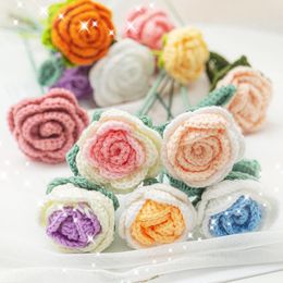 Decorative Flowers Hand-knitted Crochet Yarn Rose Flower Tulip Sunflower Artificial Bouquet Wedding Home Decorations Valentine's Day