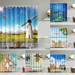 Shower Curtains Shell Beach Scenery Curtain Windmill Seaside Landscape Bedroom Kitchen Blackout Waterproof Polyester Bath Screen