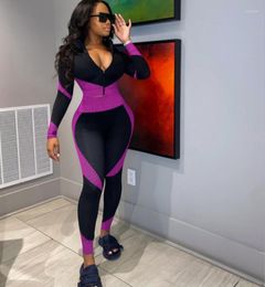 Running Sets Women Two Pieces Tracksuit Colour Block Sport Suits Zipper V Neck Long Sleeve Top High Waist Leggings Workout Set