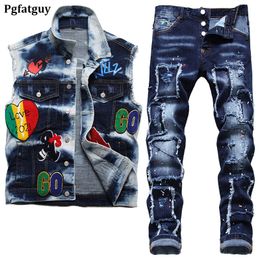 Retro Motorcycle Tracksuits Summer Blue Men's Sets Rock Badge Embroidered Waistcoat and Ripped Patch Stretch Pants Summer Vest & Jeans 2 Pieces Set