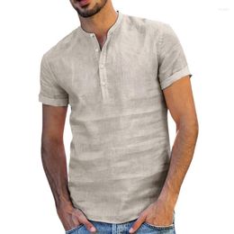 Men's Casual Shirts Men's Men's Cotton Linen 4 Botton Collar Soild Color Henley Shirt Short-Sleeve Hippie For Daily Beach T-Shirts
