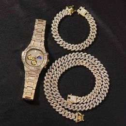 iced out watch bracelet necklace jewlery set luxury designer mens hip hop bling cuban link chain bracelets necklaces gold chains gift f220R