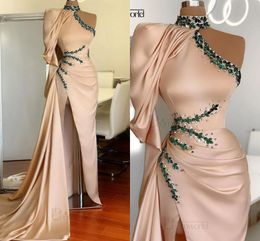 Designer Mermaid Evening Dresses Crystals Beaded Satin Sweep Train One Shoulder Long Sleeves High Neck Prom Gown Formal Wear 2023 Custom Made vestidos
