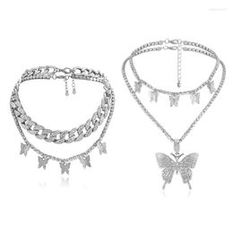 Pendant Necklaces Butterfly Necklace Set Jewelry For Women Gold Silver Shiny Crystal Exaggerate Punk Big Double Party