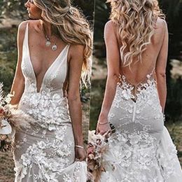 Gorgeous Lace Mermaid Wedding Dresses Bridal Gown 3D Floral Applique Plunging V Neck Plus Size Sweep Train Custom Made Beach Country Vestido De Novia 401 401