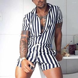 Men's Tracksuits Summer Sexy Lapel Stripe Jumpsuit Tracksuit Turndown Collar For Beach