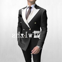 Handsome Double-Breasted Groomsmen Peak Lapel Groom Tuxedos Man's Suits Wedding/Prom/Dinner Man Blazer Jacket Pants Tie K739