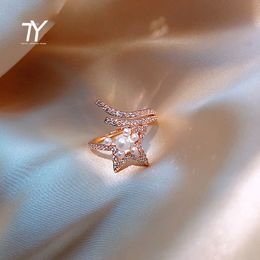 Advanced Design Sense Zircon Pearl Star Shaped Opening Rings For Woman Fashion Korean Jewellery Wedding Party Girl's Unusual Ring