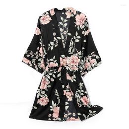 Women's Sleepwear Women's Print Flower Robe Kimono Bathrobe Gown Silky Soft Nightgown Nightdress Casual Lady Sexy Black Home Dress