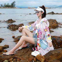 Women's Blouses 2022 Summer Fashion Cartoon Print Loose Hooded Thin Coats Women Chic Long Sunscreen Female Wild Sun Protection Clothing