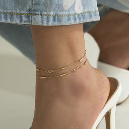 Vintage Shiny Crystal Bamboo Cylinder Chain Anklet Women Multilayer Simple Gold Color Metal Anklets Girls Fashion Jewelry