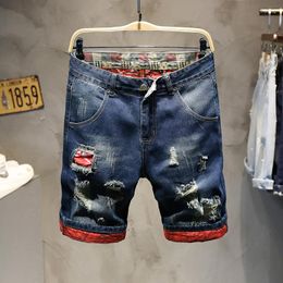 Men's Shorts Patch Short Jeans Male Ripped Hole Frayed Splicing Burrs Hip Hop Trend Retro Streetwear Bermuda Denim