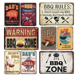 USA BBQ Zone Metal Painting Tin Sign Vintage Dads BBQ Yard Outdoor Party Decoration Plate Retro Barbecue Rules Slogan Signs 20x30cm