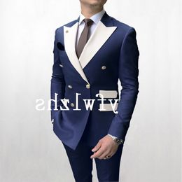 Handsome Double-Breasted Groomsmen Peak Lapel Groom Tuxedos Man's Suits Wedding/Prom/Dinner Man Blazer Jacket Pants Tie K752