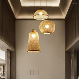 Pendant Lamps Japanese Chandelier Natural Bamboo Rattan Lights Handmade Weaving Hanging Wicker Shades E27 Lighting Suspension