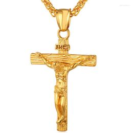 Pendant Necklaces Kpop Cross Christian Jesus Religious Jewellery Stainless Steel Gold Colour INRI Crucifix Charm Necklace For Men P245