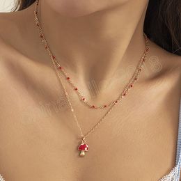 Simple Double Layer Metal Clavicle Necklace Women Retro Creative Red Beads Mushroom Pendant Necklaces Girls Fashion Jewellery