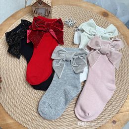 Ins Spanish style children's cotton stocks fashion tube solid color sock with flashing bow girls toddler ankle Sockes knit Stockings S2156