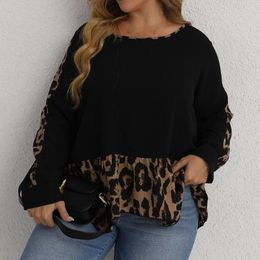 Shirt Style XL-4XL Plus Size Women Long Sleeve Casual V Neck Leopard Blouse Ruffled Top Soft And Comfortable