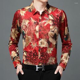 Men's Casual Shirts Men's Mens Autumn Clothing For Fashion Large Size Blouse Flower Printed Silk Stretch Oversize Costume Husband Red