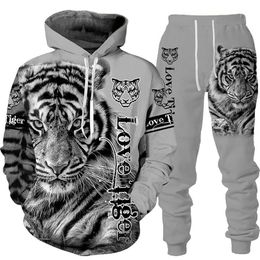Mens Tracksuits Animal 3D Tiger Printed Hoodie Pants Suit Cool MenWomen 2 Pcs Sportwear Tracksuit Set Autumn And Winter Mens Clothing 220909