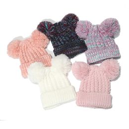 Boys' and girls' Knitted Hat children's winter fried dough twist mixed Colour warm cute double ball children's wool hat