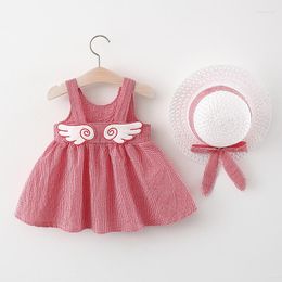 Girl Dresses 2022 6-48Y Summer Toddler Baby Kids Set Girls Plaid Princess Wing Dress Casual Clothing Hat