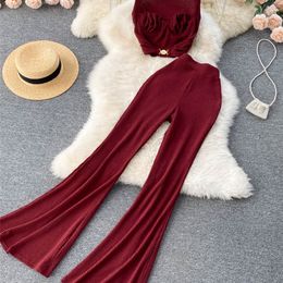 Women's Two Piece Pants Autumn Women Red/Black/White Two Piece Set Elegant Square Collar Short Tops High Waist Flare Pants Fashion Suits Female 220912