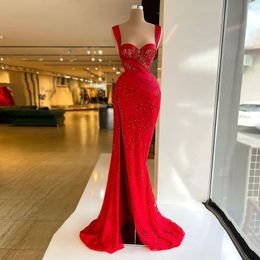 Shiny Red Prom Spaghetti Straps Sleeveless Sweetheart Appliques Lace Sequins Evening Dresses Side Slit Floor Length Party Gowns Plus Size Custom Made