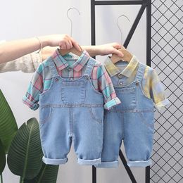 Clothing Sets Children Clothes Suit Spring Autumn Kids Boy Girls Plaid Hoodeis Denim Overalls 2Pcs/sets Baby Toddler Sportswear