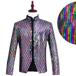 Ternos masculinos Turnáveis ​​lantejoulas de lantejoulas de túnica chinesa projeta cantores de palco de jaqueta masculina vestido de laser colorido estilo laser