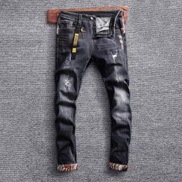 Jeans para hombres estilo de moda coreana hombres retro gris negro el￡stico fit delgada bordado rasgado dise￱ador de mezclilla hip hop pantalones de mezclilla