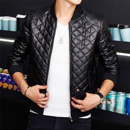 Men's Leather Faux leather jacket men biker autumn and winter casual fashion quilted embroidered plaid baseball collar washed pu 220912