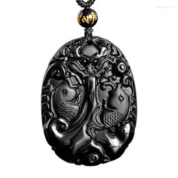 Pendant Necklaces Wholesale Natural Black Obsidian Carving Double Fish Lucky Luck For Women Men Sweater Chain Necklace Fashion Jewellery