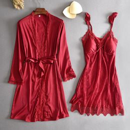 Women's Sleepwear Summer Loose Full Sleeve Women Robe Sets Lace 2PCS Bride Dressing Gown Sexy Strap Top Nightgown Bathrobe Casual Home