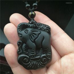 Pendant Necklaces Natural Black Obsidian Carved Cute Elephant Lucky Pendants Free Necklace Fine Crystal Fashion Woman Man Amulet Jewellery