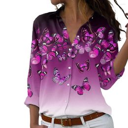 Women's Blouses Spring Blouse Butterfly Print Single-breasted Turn-down Collar Casual Lady Shirt Comfortable