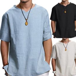 Men's T Shirts Helisopus Summer Men's Cotton Linen T-Shirt Breathable Casual Loose Round Neck Short Sleeve Hawaiian Beach Shirt Tops