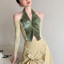Women's Tanks Backless Off The Shoulder Mesh Halter Top Tie Dye Green Sexy Crop Women Designer Fashion Cut Out Neck U671