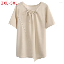 Shirt 2022 Ladies Summer Plus Size Tops For Women Large Short Sleeve Loose Asymmetry Beige Knit T-shirt 3XL 4XL 5XL