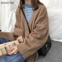 Women's Sweaters Sweaters Women Knitting Cardigans Casual Spring V-Neck Long Sleeve Daily Solid Mujer Clothes Single Breasted Brown College 220909