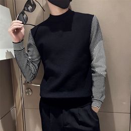 Mens Sweaters Streetwear Trendy Contrast Colours Elastic Men Sweater Warm Spring Sweater Striped Print Men Clothes 220912