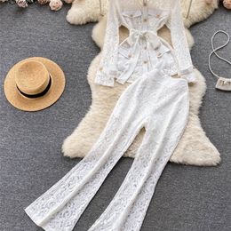 Women's Two Piece Pants SINGREINY Lace Chic Set Women Summer Long Sleeves Button Blouse Elastic Waist Flare Long Pants Sashes Two Piece Suits 220912