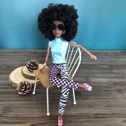 Dolls 30cm African with Vintage Clothes Explosive Head Female Body 1 6 Brown Skin With Sunglasses Christmas Gifts for Girls 220912