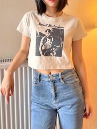 Women's T Shirts Casual Girls White Cropped Tees 2022 Summer Fashion Ladies Short Sleeve T-shorts Women Sweet Film Printed Sexy Cotton