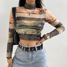 Women's Blouses Autumn Summer Printing Y2K Street Style Pullover Shirt Blouse Female Long Sleeve Round Collar Slim Fit Sheer Mesh Crop Top