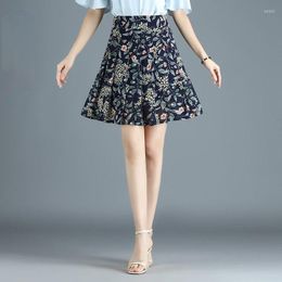 Skirts 2022 Women Casual High Waist Floral Print Pleated Skirt Loose Short Summer Female A-Line Chiffon Y222