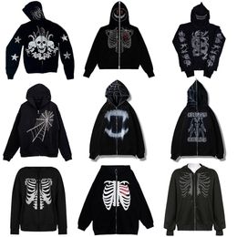 Mens Hoodies Sweatshirts Rhinestones Spider Web Skeleton Print Black Y2k Goth Longsleeve Full Zip Hoodies Oversized Jacket American Fashion selling 220912