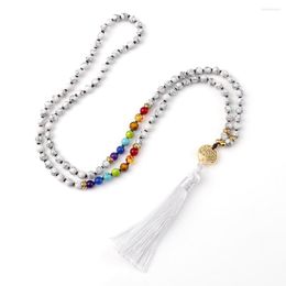 Pendant Necklaces Fashion Natural White Howlite Stone Beaded Necklace 108 Mala 7 Chakra Reiki Tree Of Life Women Men Yoga Jewelry