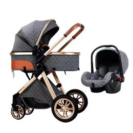 3 in 1Royal Luxury Leather Aluminium Frame High Landscape Folding Kinderwagen Pram with Gifts Baby Carriage Baby Stroller